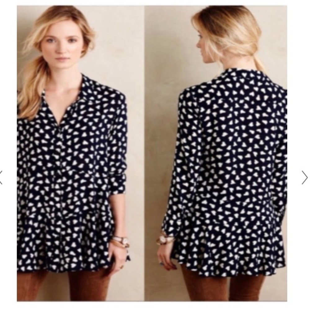 Anthropologie 11 1 TYLO navy heart print tunic button front blouse size XS